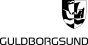 Logo med våbenskjold der viser skib i sort/hvid, og teksten Guldborgsund skrevet nedenunder.